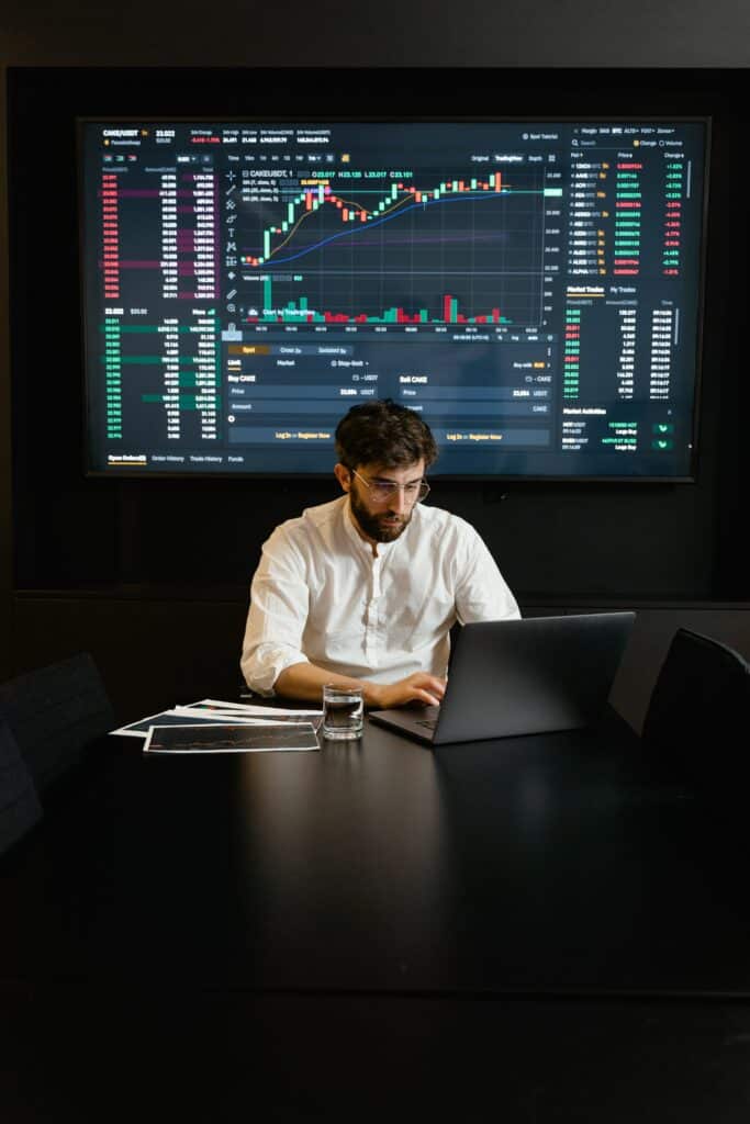 Man with data visualization in background